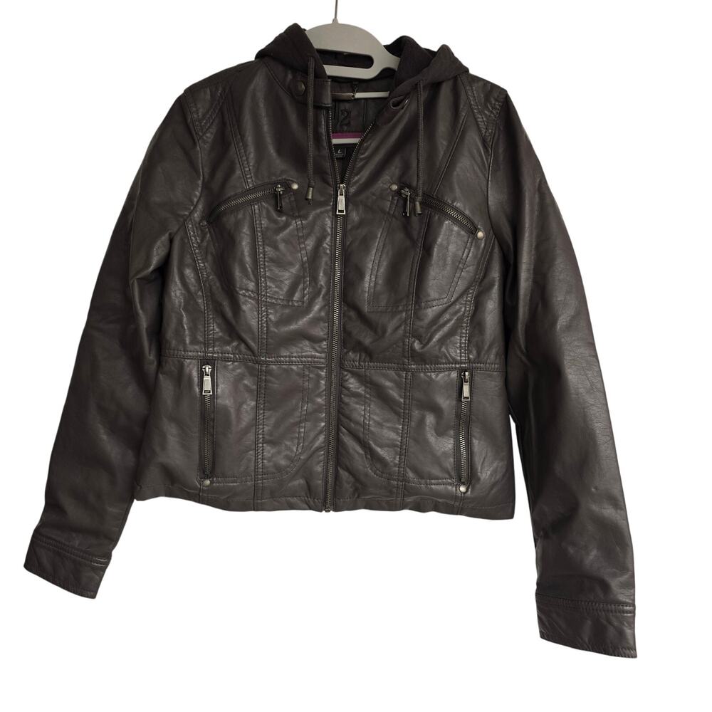 Junior's J2 Gray Faux Leather Pleather Jacket w/ Removable Hood | Size Large